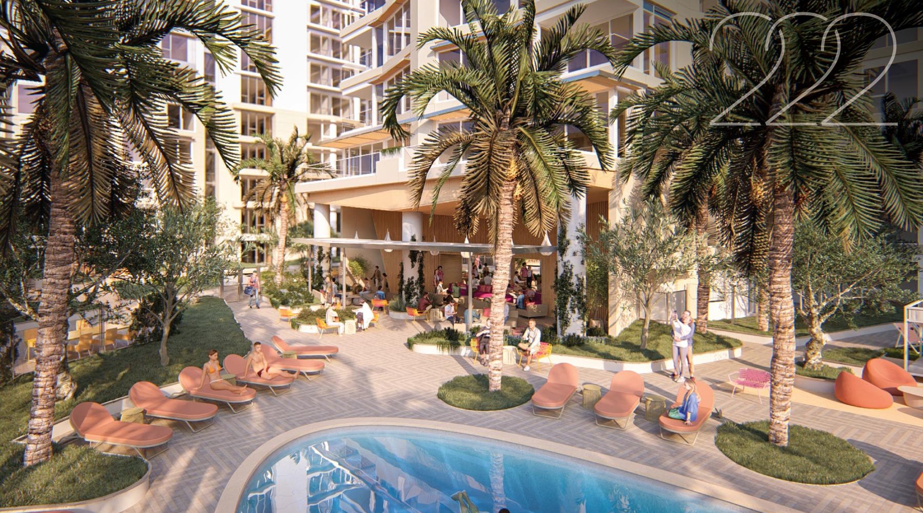 Settle into comfort at North City a pool surrounded by palm trees