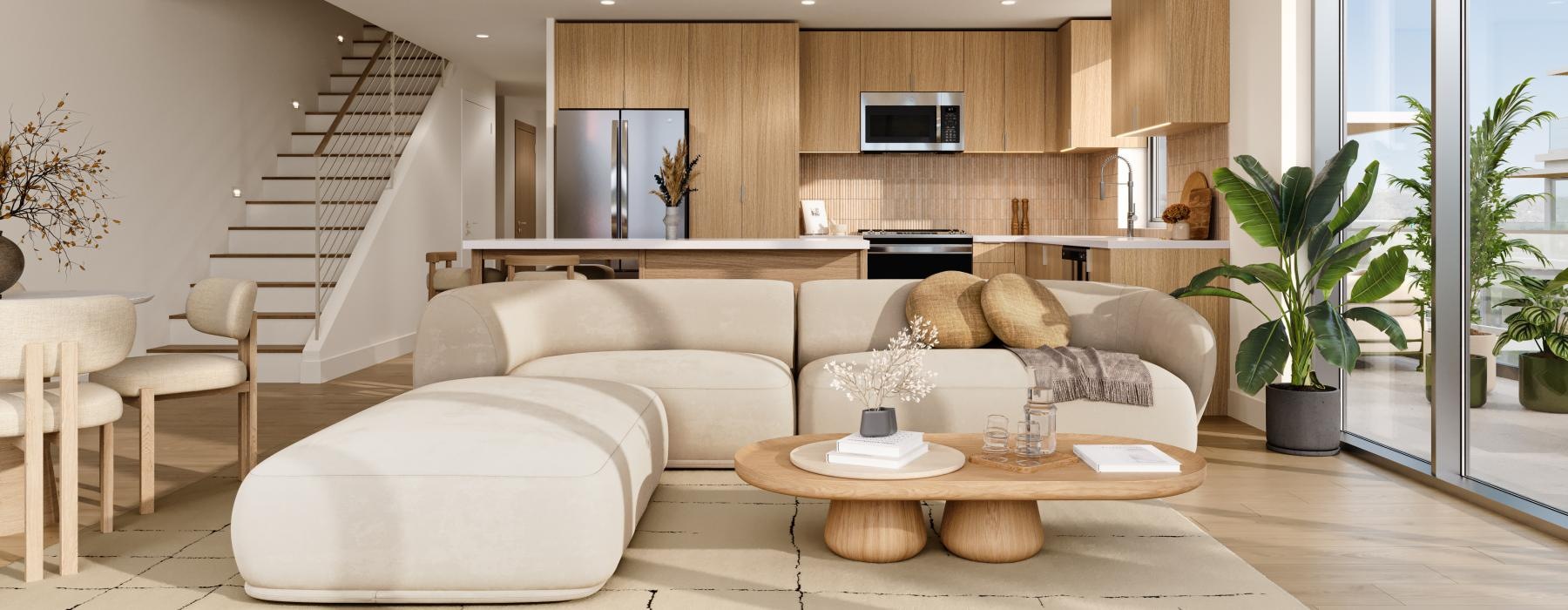 a living room with a large staircase